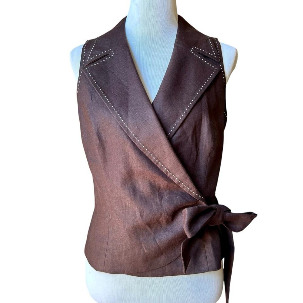 Talbots Chocolate Brown Linen-Blend Wrap Vest with Side Tie